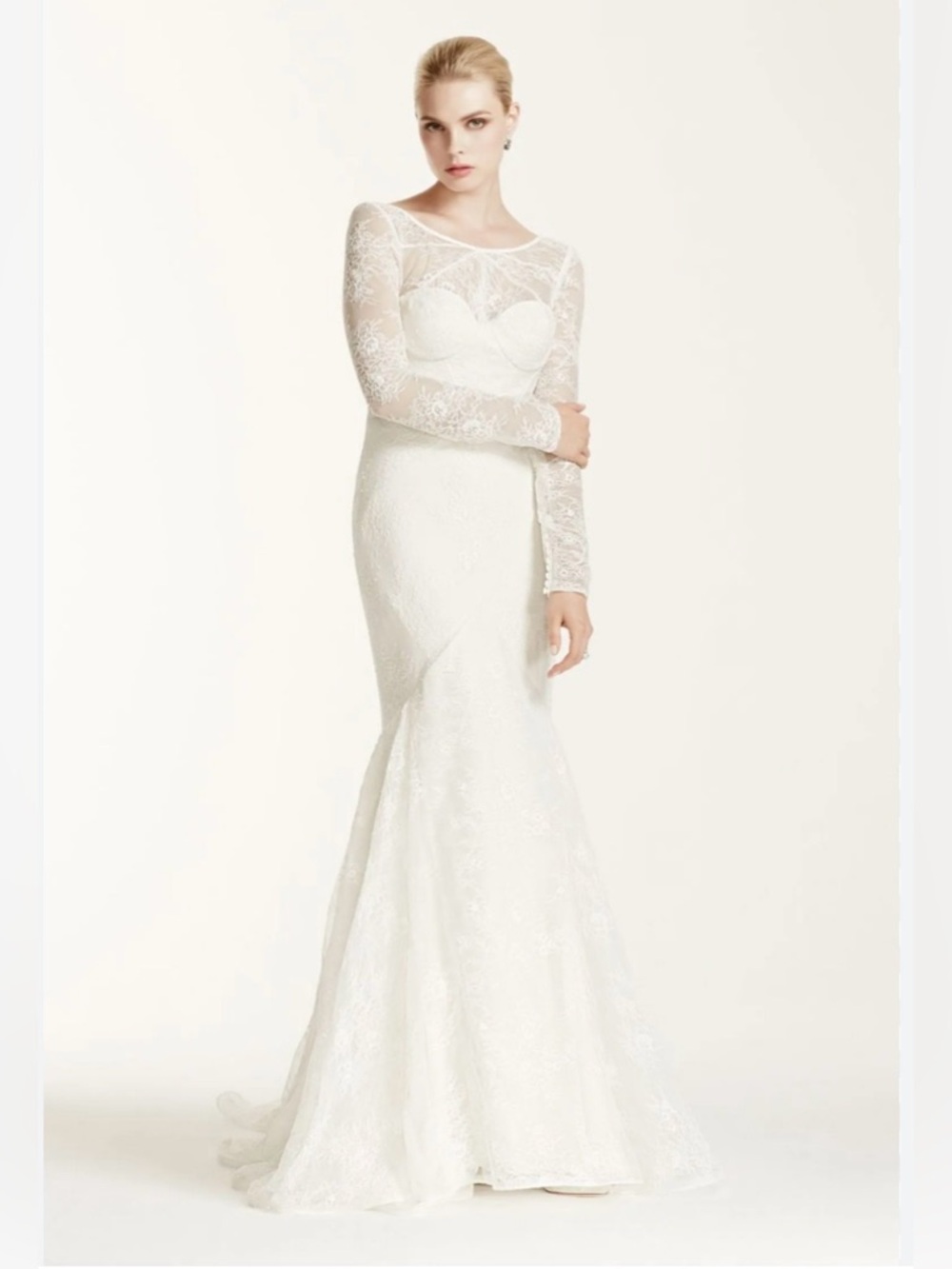 NEW Truly Zac Posen Lace Trumpet Long-sleeve Illusion Neck Wedding Gown Ivory, 6